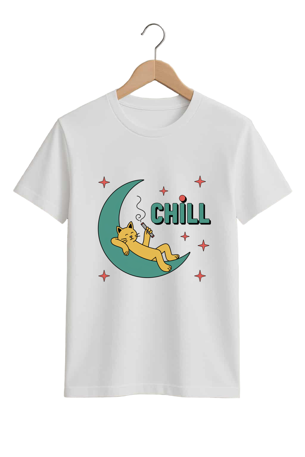 White t-shirt with a graphic of a cat on a moon and 'Chill' text, hanging on a wooden hanger against a gray background.