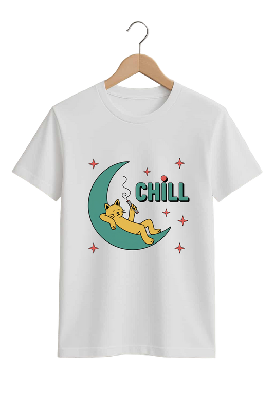 White t-shirt with a graphic of a cat on a moon and 'Chill' text, hanging on a wooden hanger against a gray background.