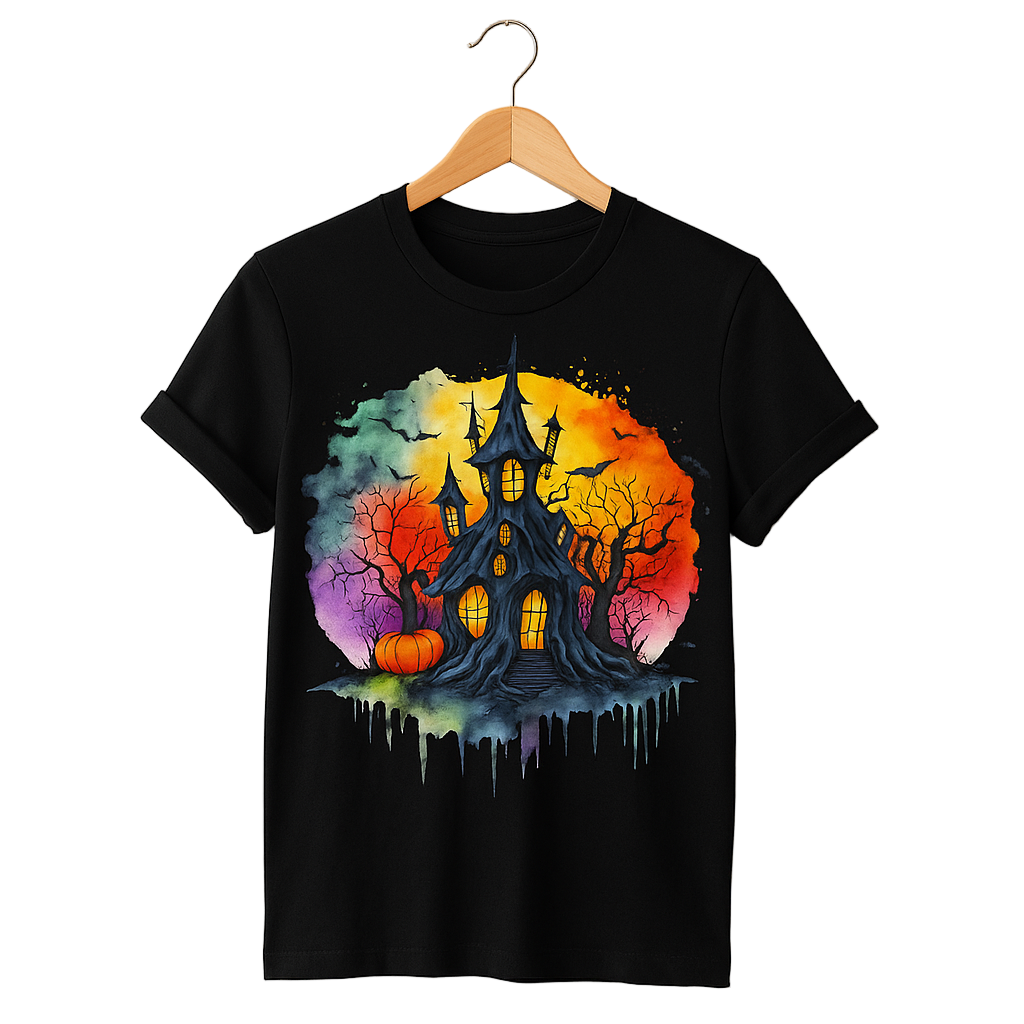 Black t-shirt with a colorful Halloween-themed design of a castle and pumpkin.