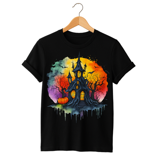 Black t-shirt with a colorful Halloween-themed design of a castle and pumpkin.